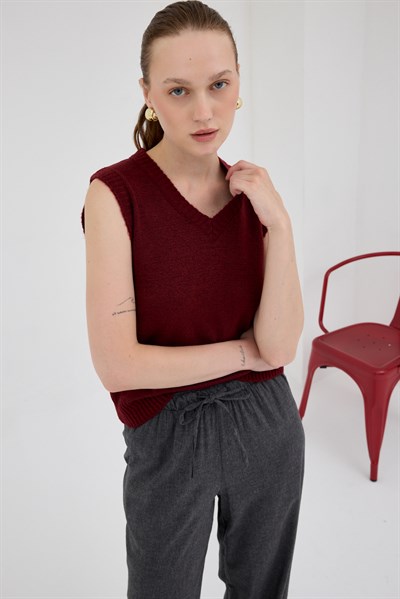Bordo Oversize V Yaka Kadın Süveter 2292