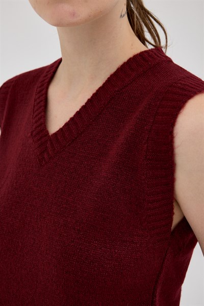 Bordo Oversize V Yaka Kadın Süveter 2292