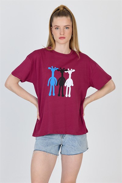 Bordo Oversize Zürafa Baskılı Tişört 2150-12M