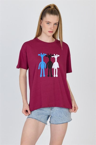 Bordo Oversize Zürafa Baskılı Tişört 2150-12M