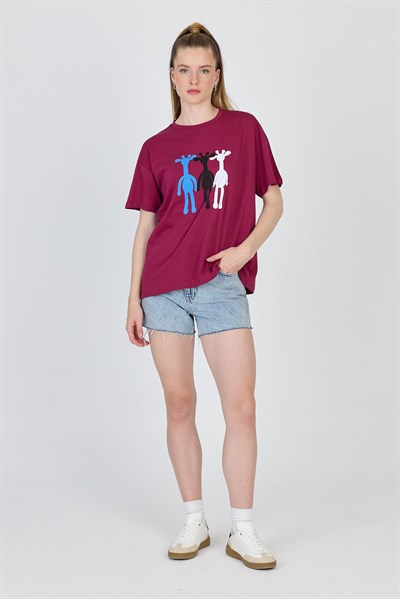 Bordo Oversize Zürafa Baskılı Tişört 2150-12M