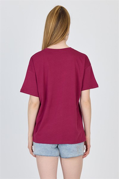 Bordo Oversize Zürafa Baskılı Tişört 2150-12M