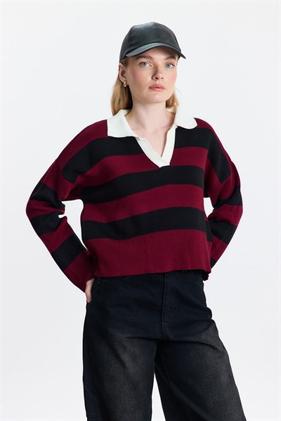 Bordo Polo Yaka Çizgili Kazak 24379