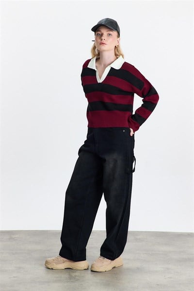 Bordo Polo Yaka Çizgili Kazak 24379