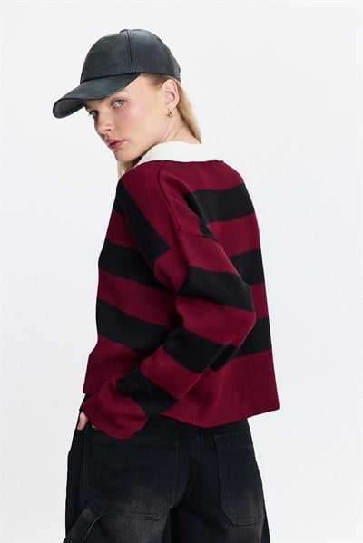 Bordo Polo Yaka Çizgili Kazak 24379