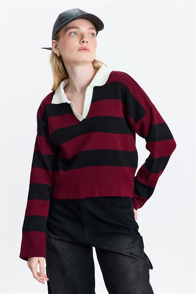 Bordo Polo Yaka Çizgili Kazak 24379