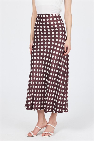 Bordo Puantiye Desen Saten Midi Etek 9416