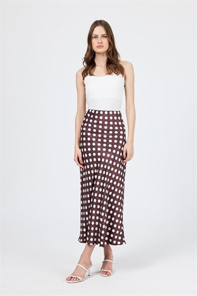 Bordo Puantiye Desen Saten Midi Etek 9416