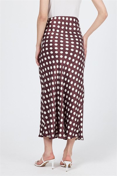 Bordo Puantiye Desen Saten Midi Etek 9416