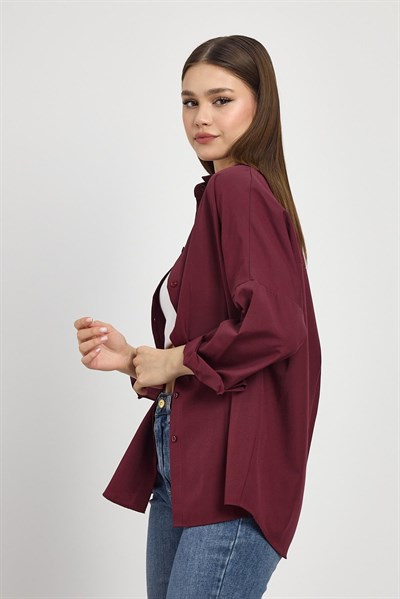 Bordo Relaxed Fit Rahat Kesim Basic Gömlek - 6621A