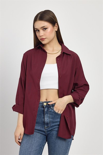 Bordo Relaxed Fit Rahat Kesim Basic Gömlek - 6621A