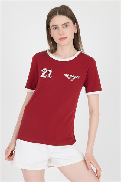 Bordo Ribanalı Yazı Baskılı Slim Fit Tişört 5981