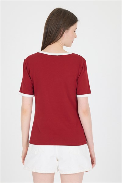 Bordo Ribanalı Yazı Baskılı Slim Fit Tişört 5981