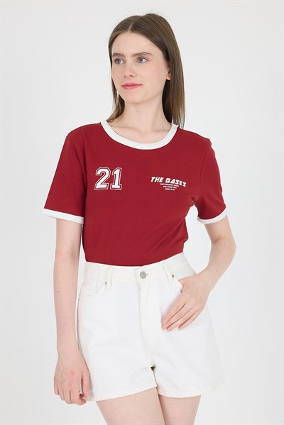 Bordo Ribanalı Yazı Baskılı Slim Fit Tişört 5981