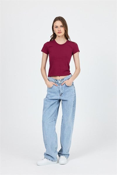 Bordo Slim Fit Bisiklet Yaka Kısa Kollu Tişört 2214