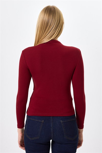 Bordo Uzun Kollu Yarım Balıkçı Yaka Dikiş Detaylı Kadın Body 8225A