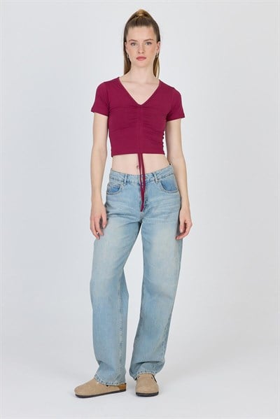 Bordo V Yaka Büzgülü Crop Tişört 9201M