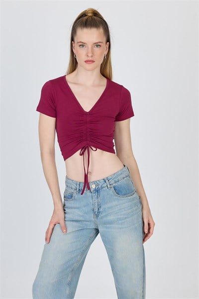 Bordo V Yaka Büzgülü Crop Tişört 9201M