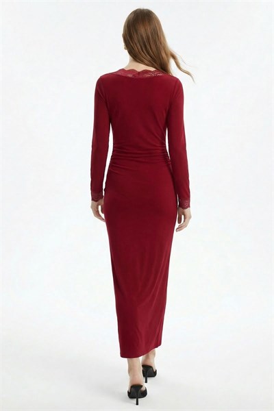 Bordo V Yaka Dantelli Elbise 15067