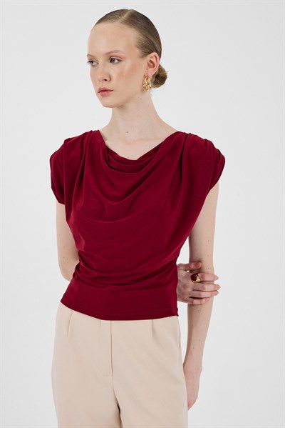 Bordo Vatkalı Degaje Yaka Bluz 2509