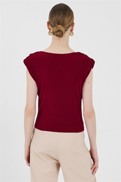 Bordo Vatkalı Degaje Yaka Bluz 2509