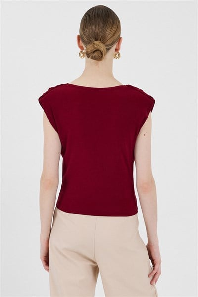 Bordo Vatkalı Degaje Yaka Bluz 2509