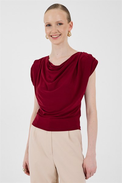 Bordo Vatkalı Degaje Yaka Bluz 2509