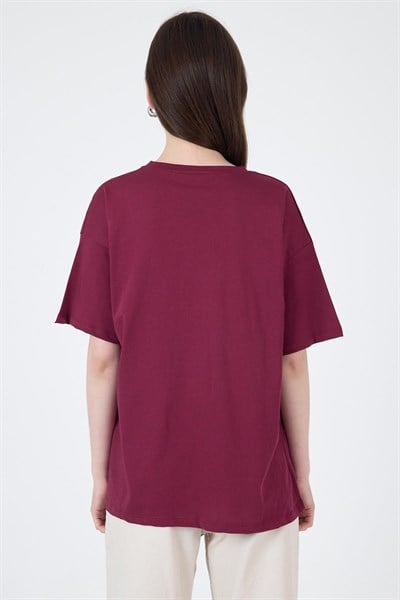 Bordo Yaka Yazı Baskılı Oversize Pamuklu  Tişört 2150-34M