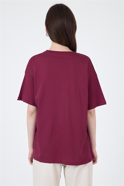 Bordo Yaka Yazı Baskılı Oversize Pamuklu  Tişört 2150-34M