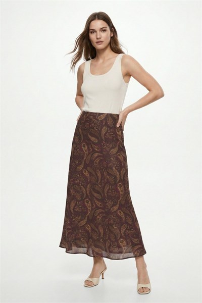 Bordo Yaprak Desenli Etek 3507