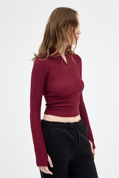 Bordo Yarım Balıkçı Yaka Fermuarlı Body 2447