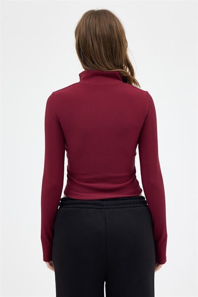 Bordo Yarım Balıkçı Yaka Fermuarlı Body 2447