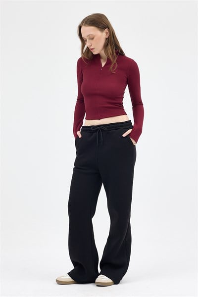 Bordo Yarım Balıkçı Yaka Fermuarlı Body 2447