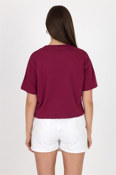 Bordo Yazı Baskılı %100 Pamuk Crop Tişört 9187M
