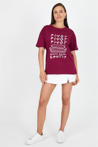 Bordo Yazı Baskılı %100 Pamuk Oversize Tişört 2150-10M