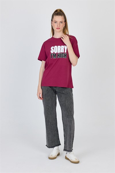 Bordo Yazı Baskılı %100 Pamuk Oversize Tişört 2150-7M