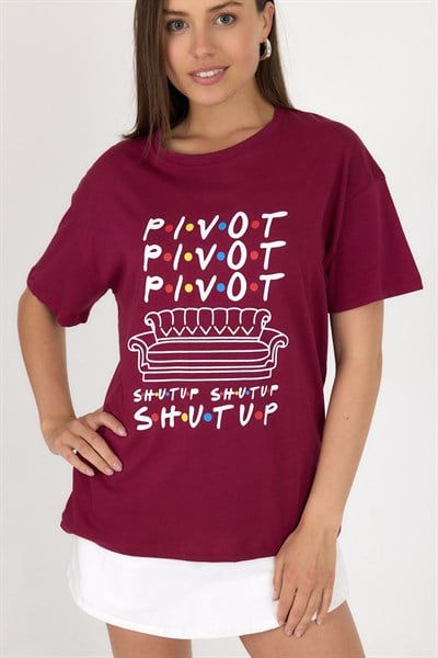 Bordo Yazı Baskılı %100 Pamuk Oversize Tişört 2150-10M