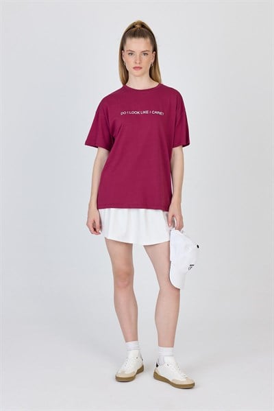 Bordo Yazı Baskılı %100 Pamuk Oversize Tişört 2150-5M