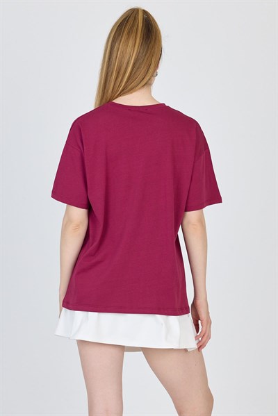Bordo Yazı Baskılı %100 Pamuk Oversize Tişört 2150-5M