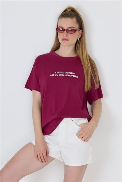 Bordo Yazı Baskılı %100 Pamuk Oversize Tişört 2150-8M