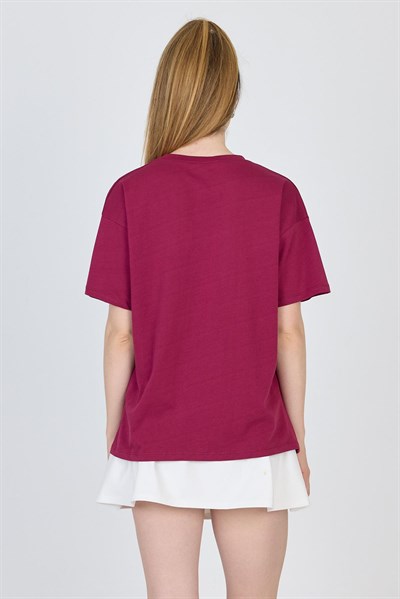 Bordo Yazı Baskılı %100 Pamuk Oversize Tişört 2150-9M
