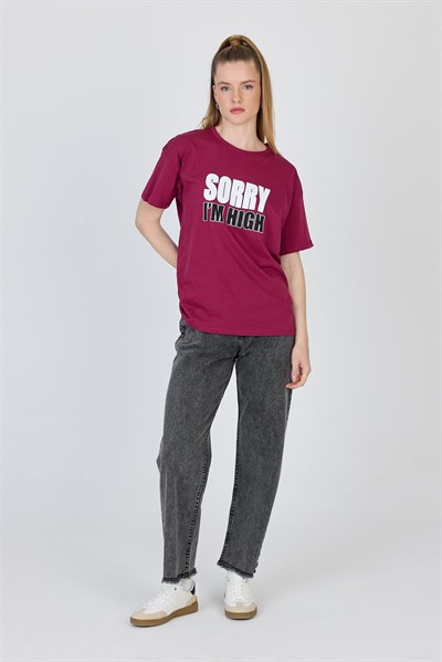Bordo Yazı Baskılı %100 Pamuk Oversize Tişört 2150-7M