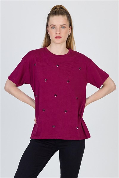 Bordo Yazı Baskılı %100 Pamuk Oversize Tişört 2150-18M