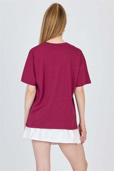 Bordo Yazı Baskılı %100 Pamuk Oversize Tişört 2150-5M