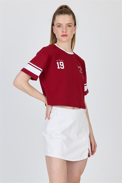 Bordo Yazı Baskılı Crop Tişört 6584