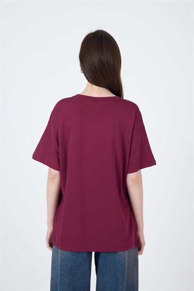 Bordo Yazı Baskılı Oversize Pamuklu Tişört 2150-32M