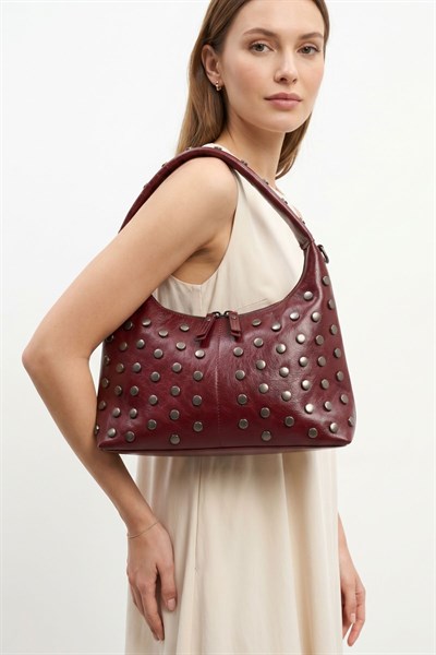 Bordo Zımba Detay Oval Çanta 9232