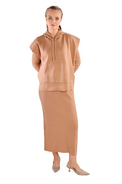 Camel Kapüşonlu Elbise Takım 24114