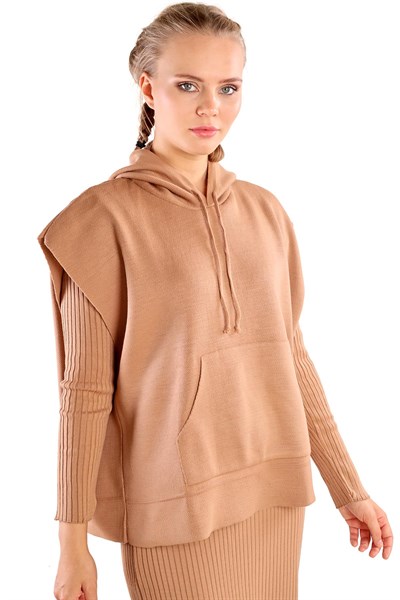 Camel Kapüşonlu Elbise Takım 24114