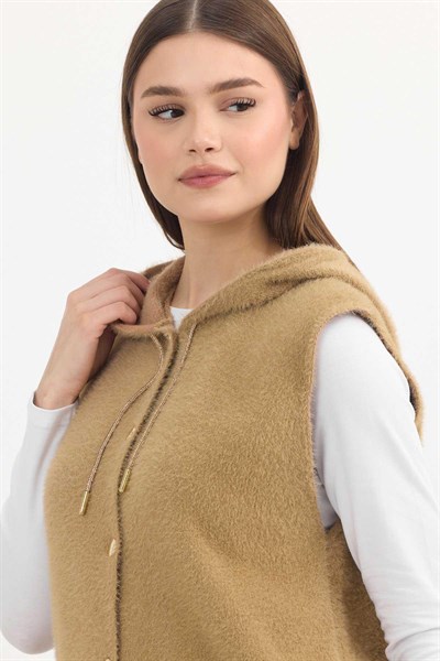 Camel Kapüşonlu Yumoş Yelek 6681